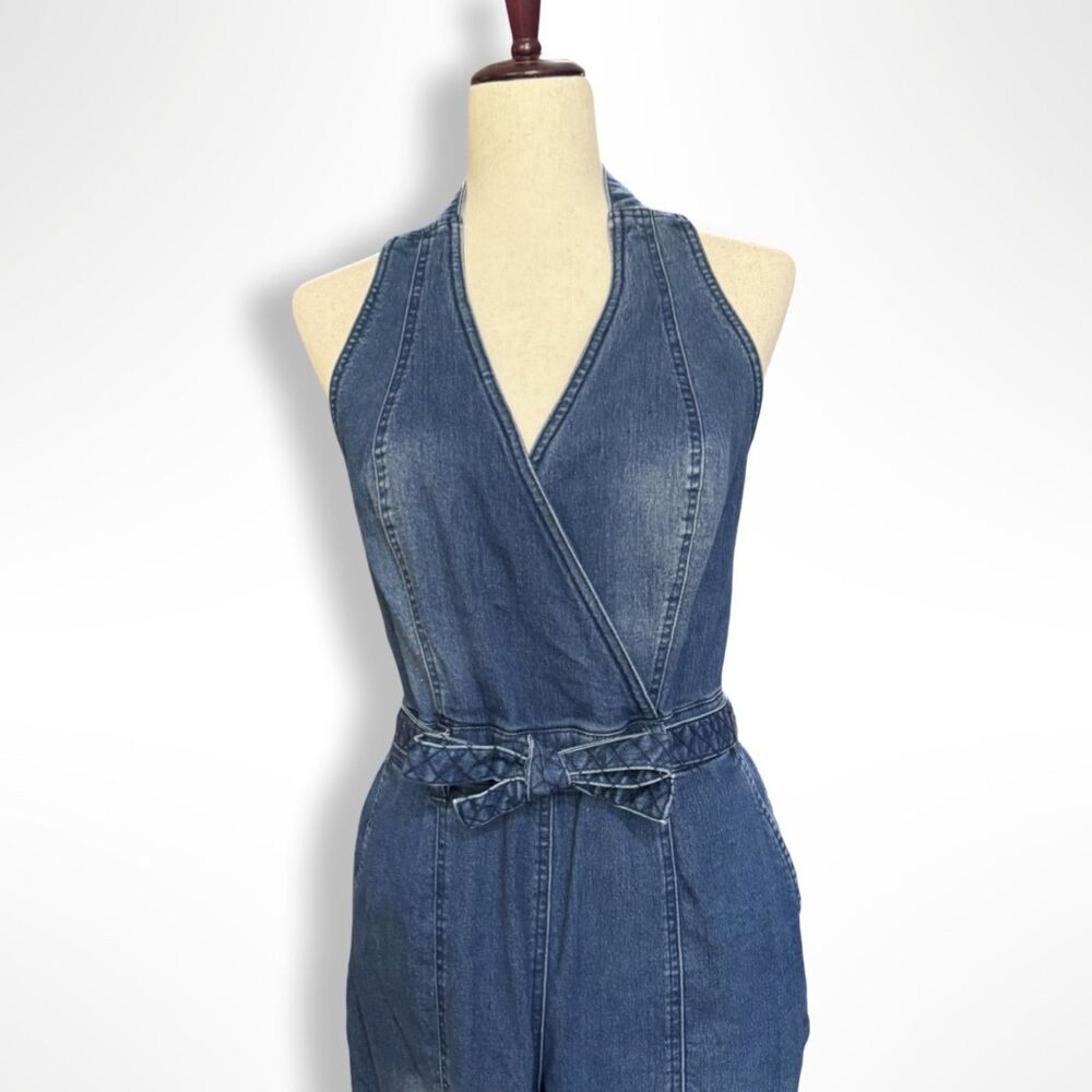 Y2K VENUS Denim Halter Bootcut Jumpsuit 10 L, Disco Hippie 2000s - Picture 10 of 11